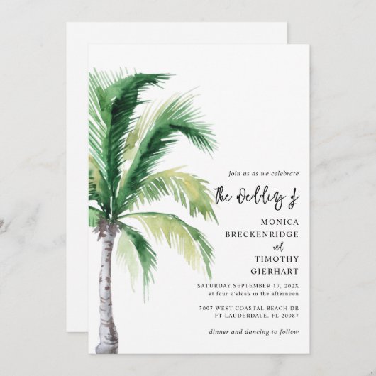 Waterverf Palm Tree Script Bestemmingsbruiloft Kaart (Voorkant / Achterkant)
