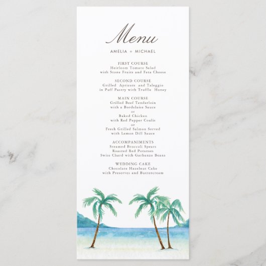 Waterverf Palm Trees Tropical Beach Wedding Menu (Voorkant)