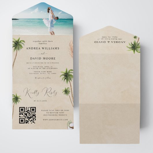Waterverf Palm Trees Tropical Sand Beach Wedding All In One Uitnodiging