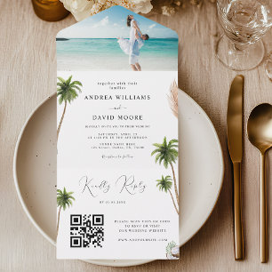 Waterverf Palm Trees Tropical Sand Beach Wedding All In One Uitnodiging