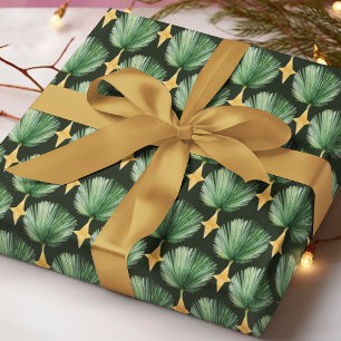 Waterverf Palmblad Gouden Ster Kerstpatroon Cadeaupapier