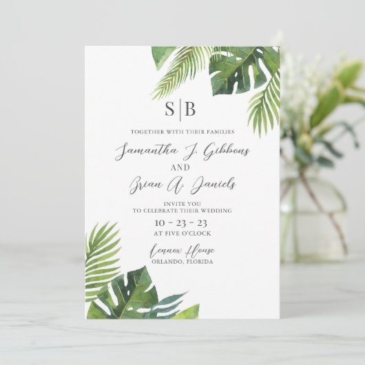 Waterverf palmblad tropische bruiloft uitnodiging (Staand voorkant)