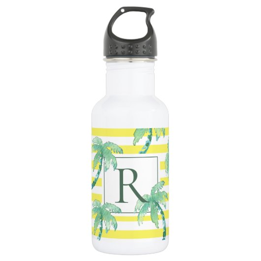 Waterverf palmbomen en geel gestreept monogram waterfles  (Voorkant)