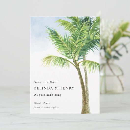 Waterverf palmboom Beach Weddenschap Save The Date (Staand voorkant)