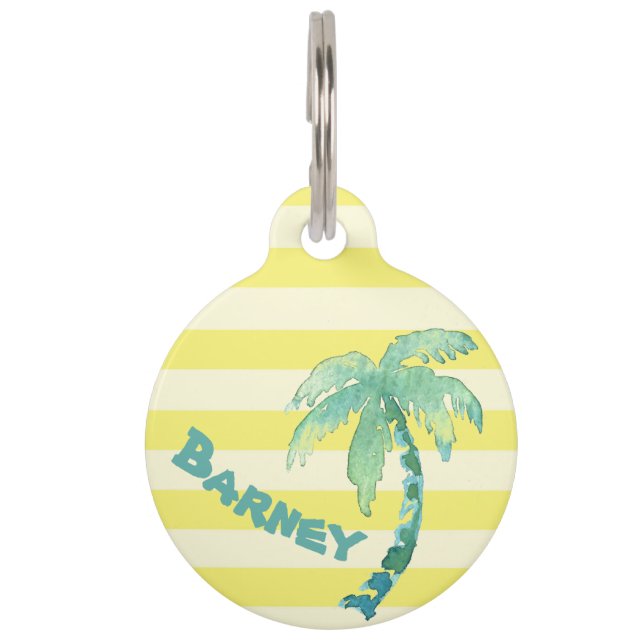 Waterverf Palmboom Gele Stripes Summer Huisdierpenning (Voorkant)