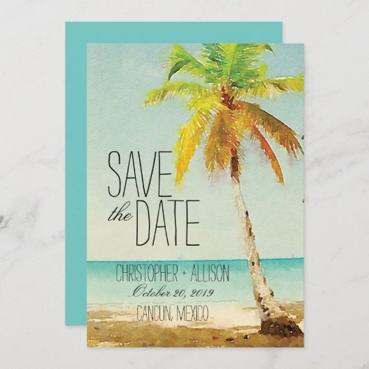 Waterverf palmboom | Weddenschap Save the Date (Voorkant / Achterkant)