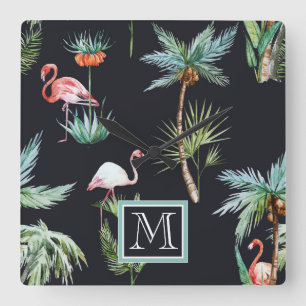 Waterverf palmpatroon Voeg je Initiaal toe Vierkante Klok