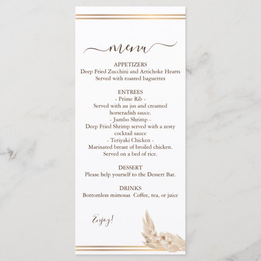 Waterverf Pampa Grass Wedding Menu (Voorkant)