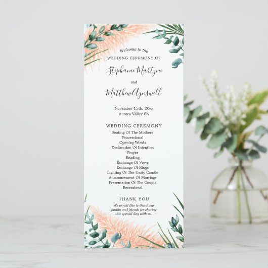 Waterverf Pampas Grass Foliage Trouwceremonie Programma (Staand voorkant)