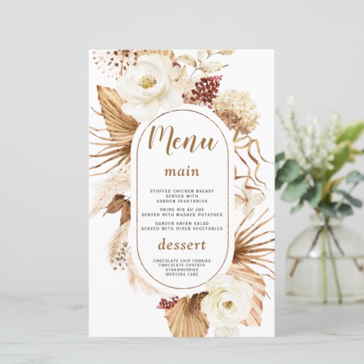 Waterverf Pampas Grass Wit Bloemen Verjaardagsmenu (Staand voorkant)