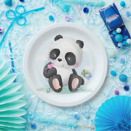 Waterverf Panda Beer met Vlinders Papieren Bordje (Feest)