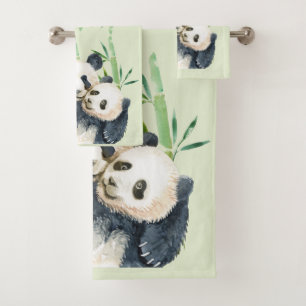 Waterverf Panda Beren Mam en Baby in Bamboo Bad Handdoek