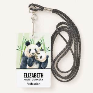 Waterverf Panda Beren Mam en Baby in Bamboo Badge