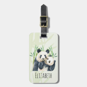 Waterverf Panda Beren Mam en Baby in Bamboo Bagagelabel