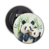 Waterverf Panda Beren Mam en Baby in Bamboo Button Flesopener (Voorkant)