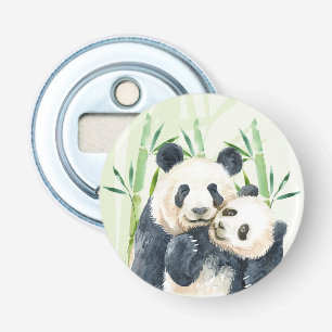 Waterverf Panda Beren Mam en Baby in Bamboo Button Flesopener