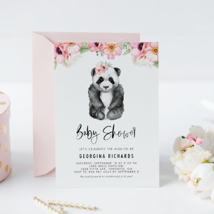 Waterverf Panda Roze Anemones Girl Baby shower Kaart