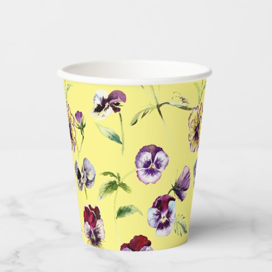  Waterverf Pansies Patroon op Geel Papieren Bekers (Voorkant)