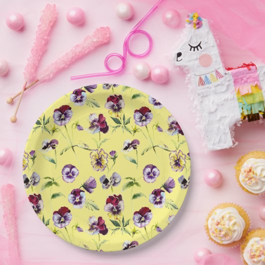 Waterverf Pansies Patroon op Geel Papieren Bordje (Feest)