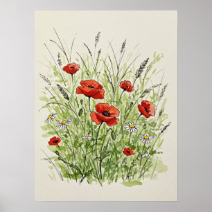 Waterverf Papavers & Madeliefjes Print Kunst