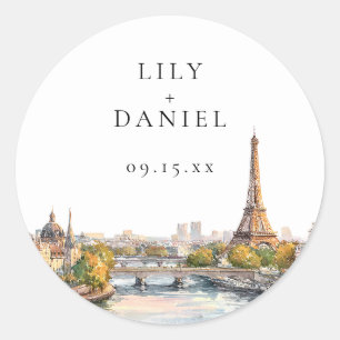 Waterverf Parijs Frankrijk Bestemming Huwelijk Ronde Sticker