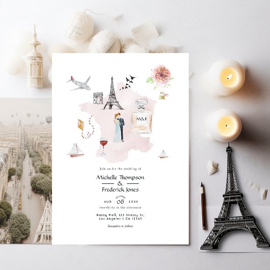 Waterverf Paris Destination Wedding Monogram Kaart