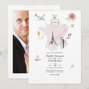 Waterverf Paris Destination Wedding Monogram Kaart