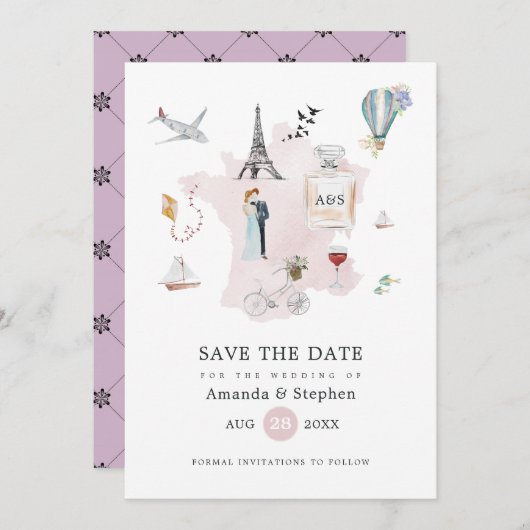 Waterverf Paris Destination Wedding Monogram Save The Date (Voorkant / Achterkant)