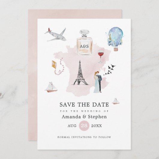 Waterverf Paris Destination Wedding Monogram Save The Date (Voorkant / Achterkant)