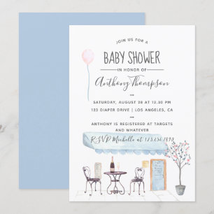 Waterverf Paris thema babyshower uitnodiging