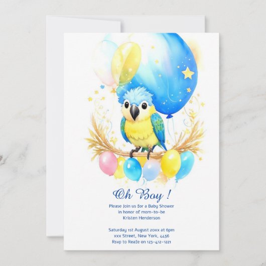 Waterverf Parrot Boy Baby shower Uitnodiging (Voorkant)