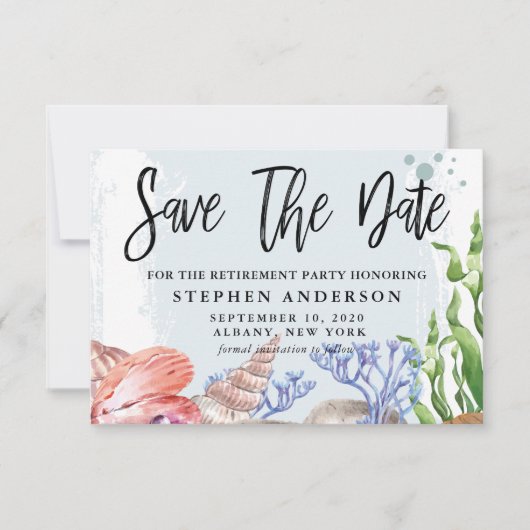 Waterverf partij bij kustpensionering behalve datu save the date (Voorkant)