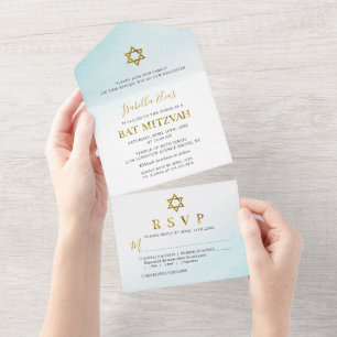 Waterverf Pastel Blauw Goud Bat Mitzvah All In One Uitnodiging