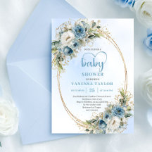Waterverf Pastel Blauwe Bloem Gouden Baby Shower 