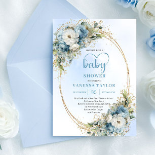 Waterverf Pastel Blauwe Bloemen Baby Shower Uitnod Kaart