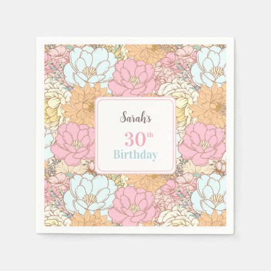 Waterverf Pastel Bloemen Roze 30e Verjaardag Servet (Voorkant)
