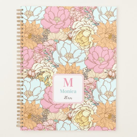 Waterverf Pastel Bloemen Roze Kleurrijk Monogram Planner (Voorkant)