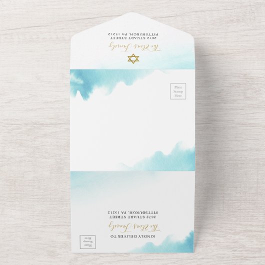 Waterverf Pastel Blue Gold Bat Mitzvah All In One Uitnodiging (Buitenkant)