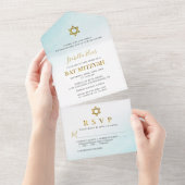 Waterverf Pastel Blue Gold Bat Mitzvah All In One Uitnodiging (Afscheurbaar)