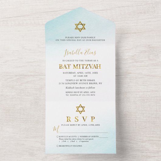 Waterverf Pastel Blue Gold Bat Mitzvah All In One Uitnodiging (Binnen)