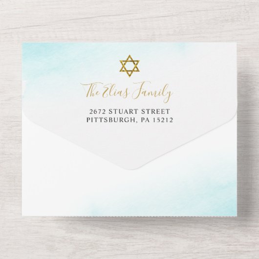 Waterverf Pastel Blue Gold Bat Mitzvah All In One Uitnodiging (Achterkant)