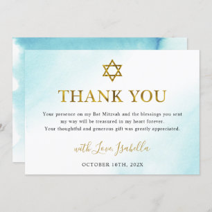 Waterverf Pastel Blue Gold Bat Mitzvah Bedankkaart