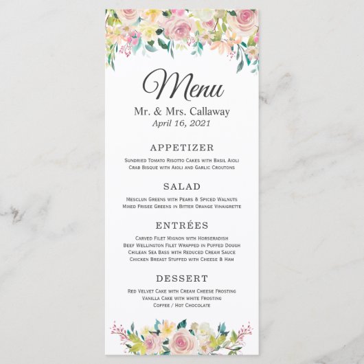 Waterverf Pastel Blush Chique Bloemen Bruiloft Menu (Voorkant)