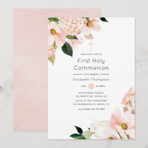 Waterverf Pastel Blush Pink Floral Heilige Communi Kaart
