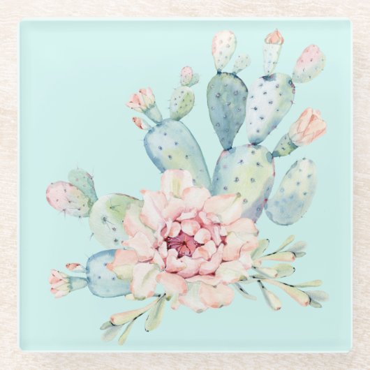 Waterverf Pastel Cactus en roze ventiel Glazen Onderzetter (Voorkant)