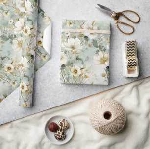 Waterverf pastel groene en witte wilde bloemen cadeaupapier