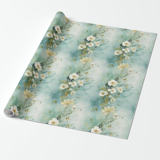 Waterverf pastel groene en witte wilde bloemen cadeaupapier (Uitgerold)
