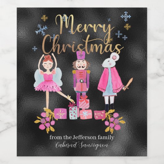 Waterverf Pastel Nutkraker Kerstmis zwart Wijn Etiket (Enkel label)