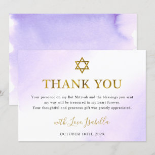Waterverf Pastel Paarse Gouden Bat Mitzvah Bedankkaart