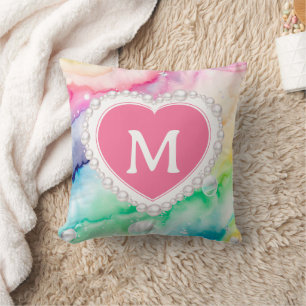 Waterverf Pastel Rainbow Pearl Heart Monogram Kussen